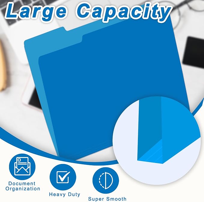 VZCPYTPM 100 Packs Blue File Folder, 1/3-Cut Tabs, Heavy Duty Paper File - Image 8
