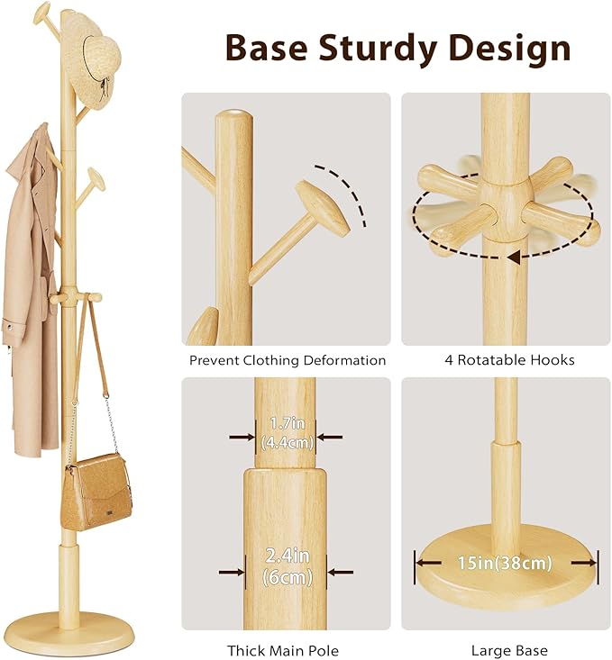 Solid Wood Coat Rack Freestanding Coat Tree with 10 Hooks for Bedroom, Livingroom, Entryway, Sturdy Coat Hanger Stand for Hats, Coats, Scarves, Handbags, Purses-DeskLoop Office