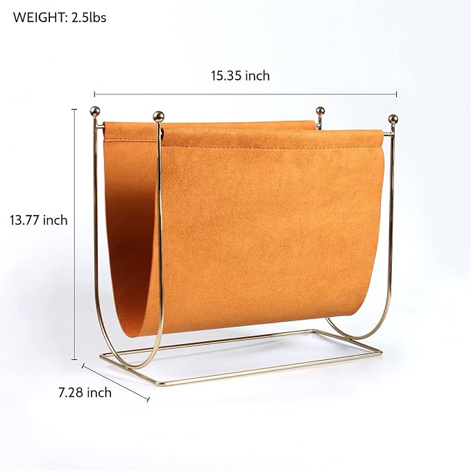 Plated Metal Wire and Suede Leather Magazine Holder Rack, Standing Rack for Magazines, Books, Newspapers, Home Staging Decoration-DeskLoop Office