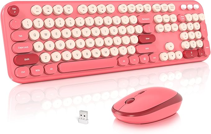 MOFII Wireless Keyboard and Mouse Combo, Cute Keyboard Full Size and Wireless Mouse, 2.4GHz Retro Typewriter Keyboard Wireless Mouse Set for PC/Desktop/Laptop/Windows (Hot Pink)-DeskLoop Office