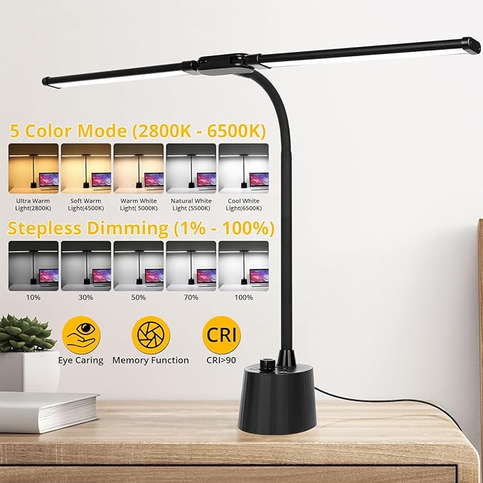 Desk Lamp with Dual Head & 10W Smart Dual USB Charging Port 5 Color Modes Dimmable Reading Light 2600 Lumens 12W Table Lamp for Bedside Office, Adapter Include-DeskLoop Office