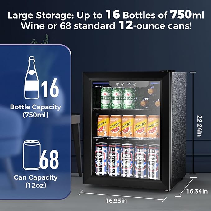 68 Cans Beverage Refrigerator Cooler, 1.7 cu.ft Mini Fridge Glass Door Drink Cooler for Beer, Soda,Wine, Digital Temperature Control for Home Office Bar-DeskLoop Office