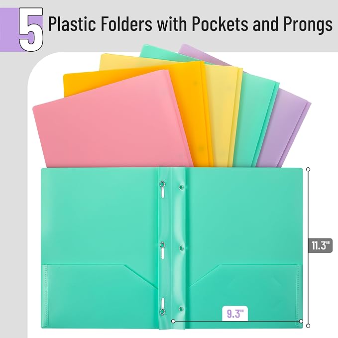 Mr. Pen- Plastic Folders with Pockets and Prongs, 5 Pack, Letter Size | Macaron - Image 2
