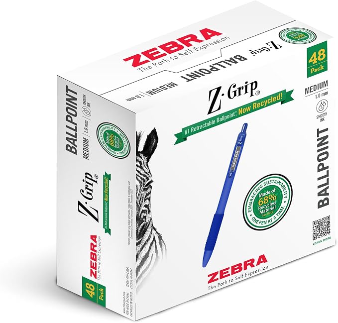 Zebra Pen Z-Grip Recycled Ballpoint Pens, Durable Metal Clip, 68% Recycled by ZebraPen