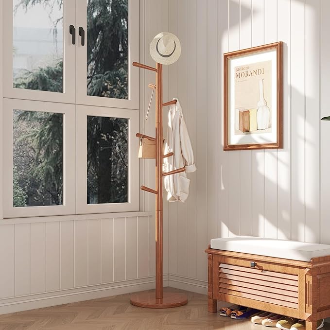 Uniclinens Coat Rack Freestanding Solid Wood Coat Tree Standing with 8 Hooks, Coat Rack Stand Creative Tree Branch-Look (Teak)-DeskLoop Office