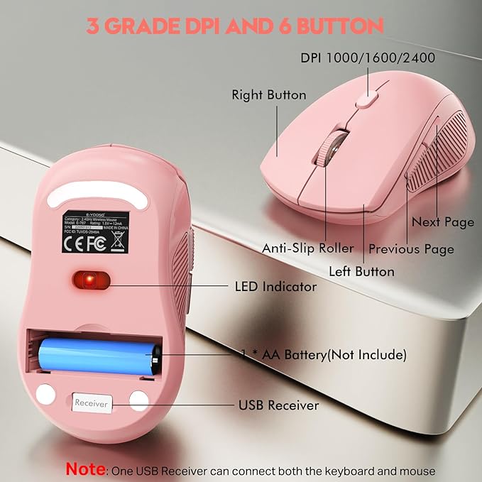 Wireless Keyboard and Mouse Combo, E-YOOSO 2.4GHz Full Sized Ergonomic Wireless Keyboard with Wrist Rest, 3 DPI Adjustable and 6 Buttons Cordless USB Mouse for Computer, Laptop, PC, Windows (Pink)-DeskLoop Office