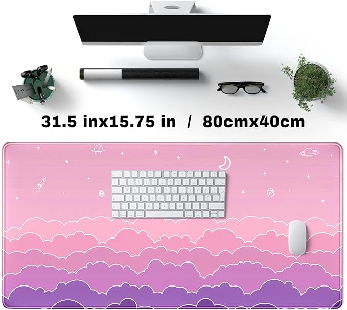 Kawaii Mouse Pad Desk Gaming Accessories Cute Clouds XXL Mouse Pad Pink Anime Office Decor Desk Mousepad Large, 31.5x15.7in Extended Keyboard Mousepad for Desk Girl with Stitched Edges Non-Slip-DeskLoop Office