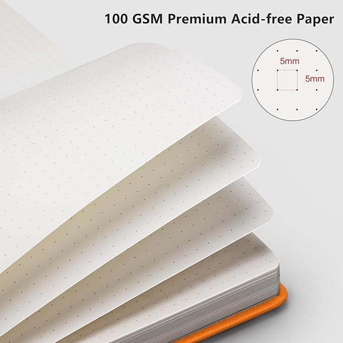 RETTACY Bullet Dotted Journal Notebook, 192 Pages, A5 Medium Size (5.7'' x 8.3''), Leather Hardcover, 100 GSM Thick Paper, for Bullet Journaling, Planning, Tracking (Orange)-DeskLoop Office