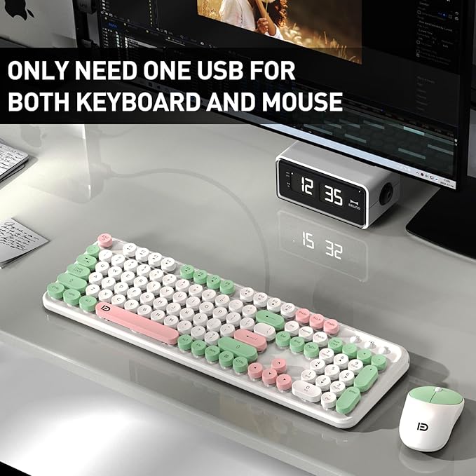Keyboard and Mouse Wireless,2.4Ghz Retro Typewriter Style Round Keycap,Full Size Wireless Keyboard Mouse Combo,Cute Cordless Keyboard Mouse Set for PC Laptop Desktop Computer-Milk White Green Colorful-DeskLoop Office