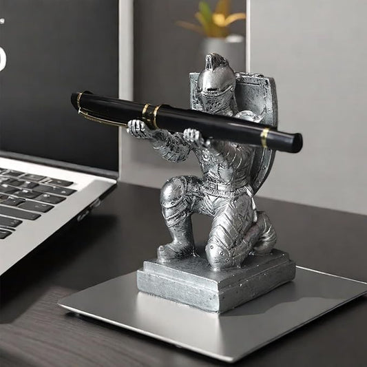 Resin Soldier Shield Knight Decor Statue Pen Holder Base for Desk, Desktop Organizer Pencil Stand Display for Office, School, Home, as Gift for Men Father-DeskLoop Office