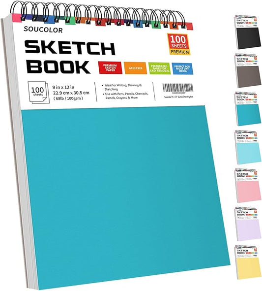 Soucolor School Supplies 9" x 12" Sketch Book for High College Teacher Student, 1-Pack 100 Sheets Spiral Bound Art Sketchbook, Acid Free (68lb/100gsm) Artist Blank Book for Kids, Back to School Stuff-DeskLoop Office