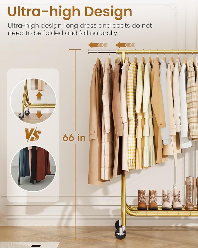 Heavy Duty Clothes Rack, Metal Clothing Rack Load 450 LBS, Rolling Coat Racks for Hanging Clothes with Lockable Wheels, Wardrobe Closet Garment Racks for Bedroom, Gold-DeskLoop Office