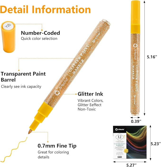 Artecho Glitter Paint Pens, 12 Colors Acrylic Glitter Markers - Image 3