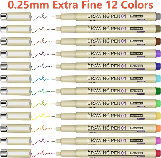 Muchcute 01 Micro Fineliner Drawing Art Pens: 12 Colors 0.25mm Extra Fine Point - Image 2