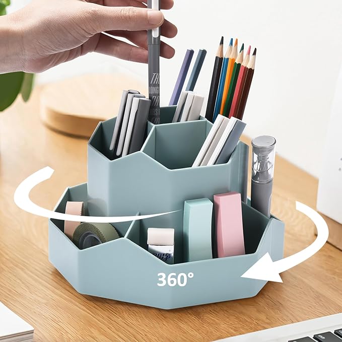 Pencil Pen Holder for Desk, 9 Slots 360 Degree Rotating Desk Organizer, Cute Pen Organizers Stationery Supplies for Office Home & Art Supply (Blue)-DeskLoop Office