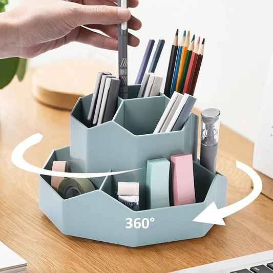 Pencil Pen Holder for Desk, 9 Slots 360 Degree Rotating Desk Organizer, Cute Pen Organizers Stationery Supplies for Office Home & Art Supply (Blue)-DeskLoop Office