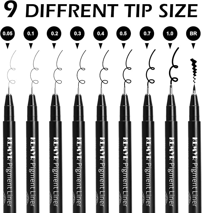 9 Micro Fine liner Drawing Art Pens Calligraphy Pens: 0.05mm-BR Size Black Art supplies Waterproof Archival Black Ink Markers For Artists,Use for Professional Watercolor,Sketching-DeskLoop Office