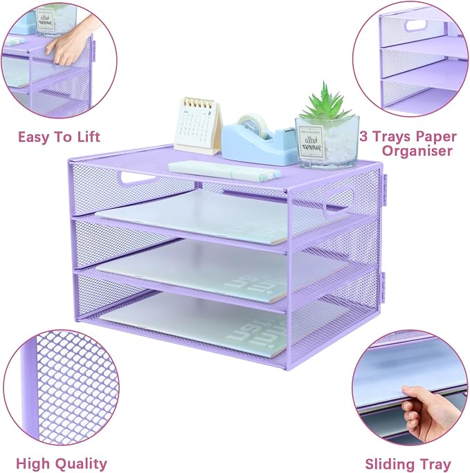 3 Tier Lettrer Tray Organizer, Metal Mesh Desk File Organizer - Image 3