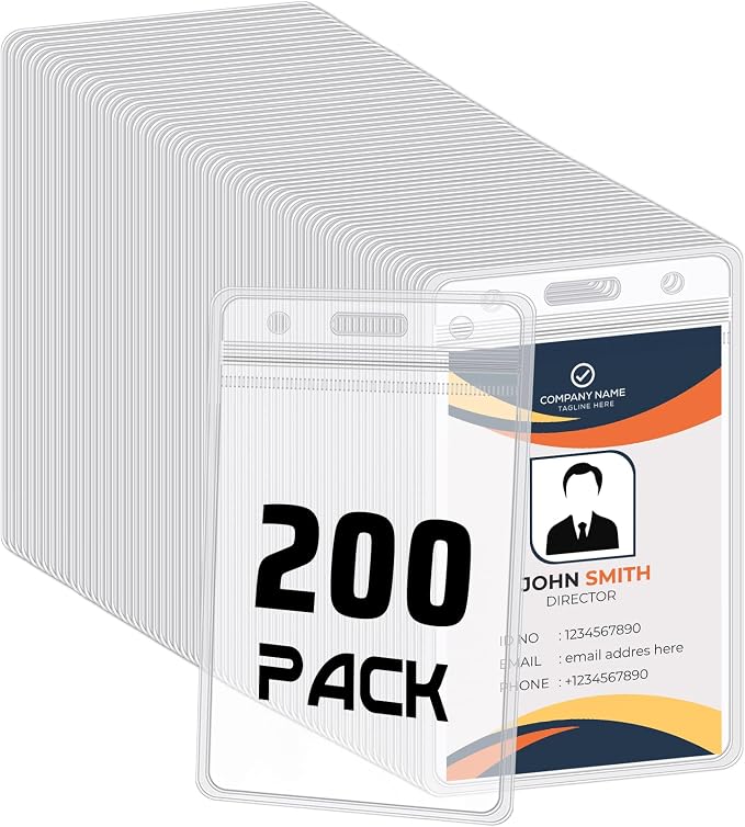 200 Pack Vertical ID Badge Holders Clear Plastic Waterproof Card Holder by BESARME