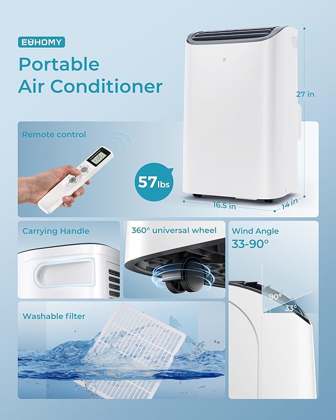 EUHOMY 12,000 BTU Portable Air Conditioners, 4-in-1 Portable Air Conditioner Up to 550 Sq.Ft, Portable AC Unit with Cool, Sleep, Dehumidifier, Fan Mode, Timer, Low Noise, Installation Kit, Apartment-DeskLoop Office