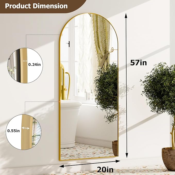 GLSLAND - 20x57 inch Arched Full Length Mirror - Floor Mirrors Aluminum Alloy Frame Full Body Dressing Mirror for Bedroom, Living Room,Black-DeskLoop Office