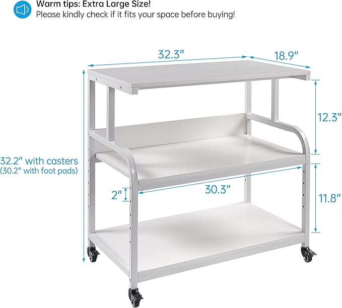 Printer Stand, 32.3" x 18.9" x 32.1" Extra Large Printer Table with Adjustable Storage Shelf, 3 Tier Rolling Printer Cart with Industrial Wheels for Home Office, White-DeskLoop Office