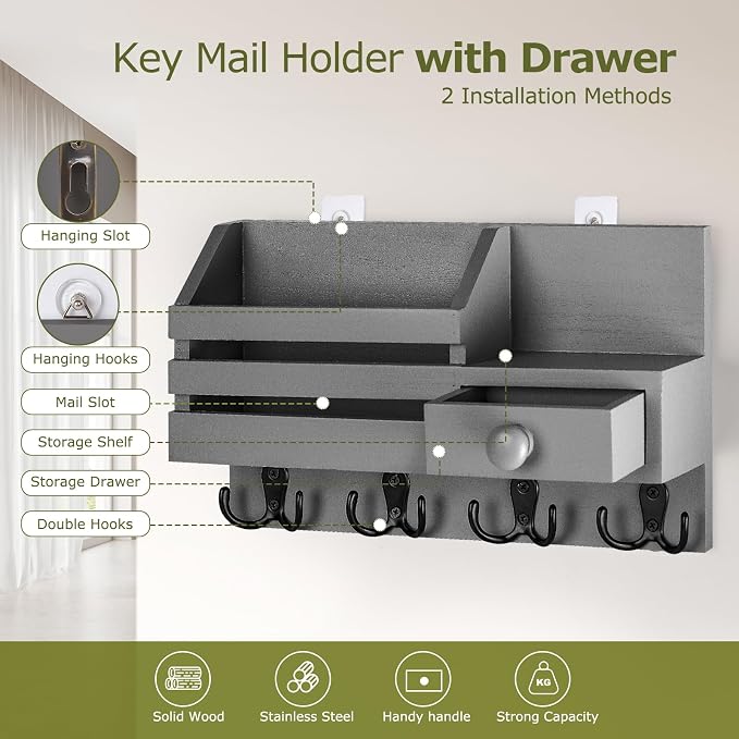 Key Holder Wall Mount, Wooden Adhesive Mail and Key Organizer - Image 3