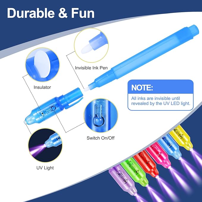 10 Pcs Invisible Ink Pens with UV Led dark light, Word Search & Maze Activities Cards and Bags Included, End of School Year Gift, Fun for Kids' Birthday, Halloween, Christmas, Goodie bag stuffers-DeskLoop Office