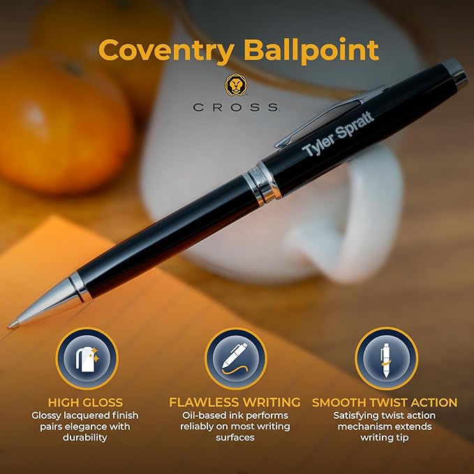 Personalized, Custom Engraved Cross Pen for Men or Women | Cross Coventry Ballpoint Pen | Luxury Gift for Office, Graduation and Business [Black Lacquer with Chrome Trim]