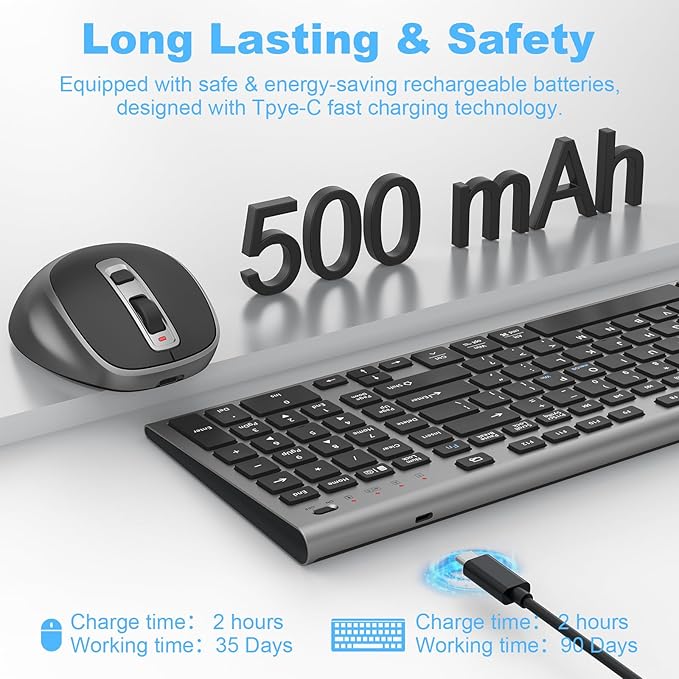 FENIFOX Wireless Keyboard and Mouse, Ergonomic Rechargeable Silent Quiet Slim USB C Flat Compact Full Size with Number Pad Soft Cover Keyboards for Mac Computer PC Surface Laptop MacBook iMac Black-DeskLoop Office