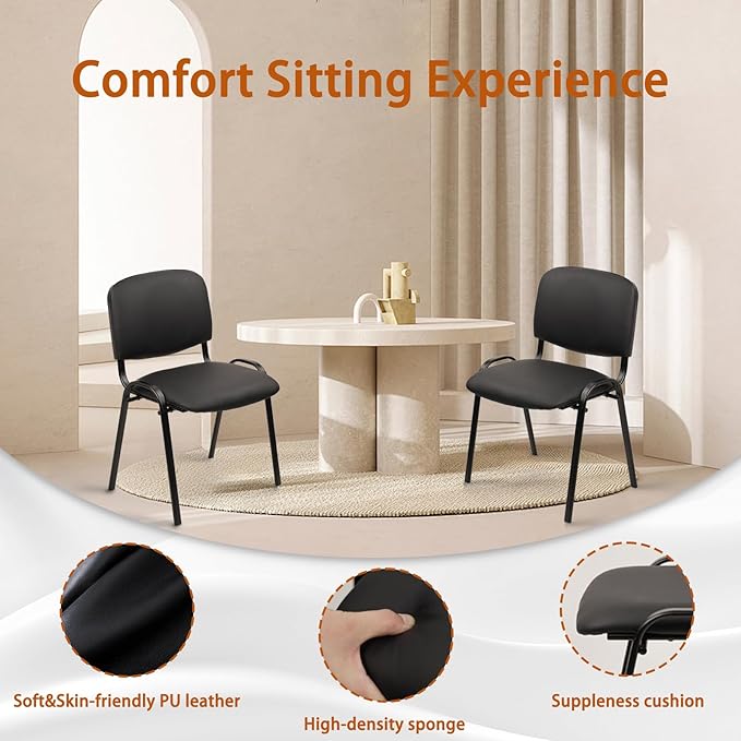 CLATINA Stacking Waiting Room Chairs, PU Leather Armless Office Guest Chair with Metal Frames, Stackable Conference Room Chairs No Wheels for Reception Lobby Side Meeting Training School, Black-DeskLoop Office