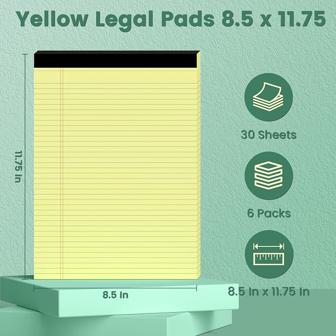 Roneky 6 Pack Yellow Legal Pads, 8.5 x 11 College Ruled, 30 Sheets Each | 6 - Image 2