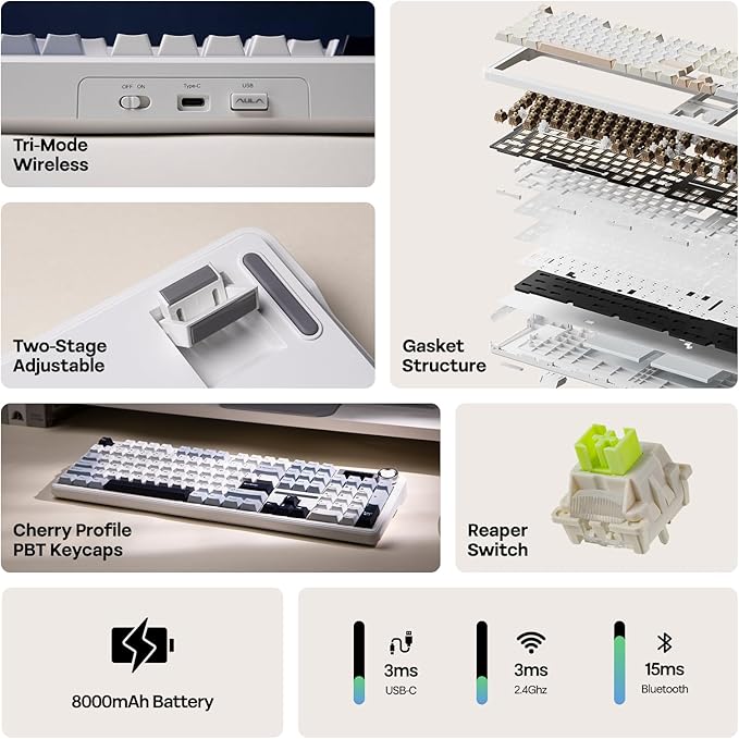 EPOMAKER X Aula F108 PRO Wireless Gaming Keyboard with Screen, 8000mAh Battery, 104 Hot-Swappable and Programmable Keys and Knob, RGB Backlight, for Mac/PC/Android (Blue&White)-DeskLoop Office