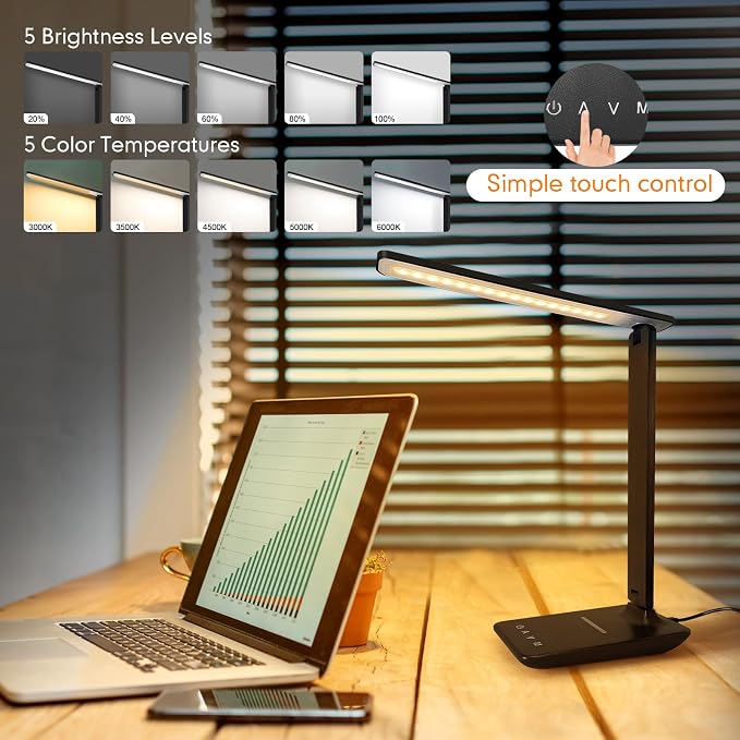 White crown LED Desk Lamp with 15W Wireless Charger & USB Port, Dimmable Table - Image 4