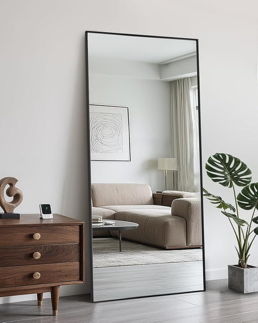 Full Length Mirror, 71"x26" Oversized Floor Mirror Freestanding, Full Body Mirror Floor Standing Mirrors with Stand, Hanging Mounted Mirrors for Bedroom Living Room, Black, Rect Style-DeskLoop Office