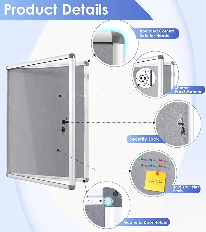 SWANCROWN Enclosed Bulletin Board 24x18 in, Tamperproof Lockable Grey Felt Board Wall Display Case for Office School Home, Aluminum Frame-DeskLoop Office