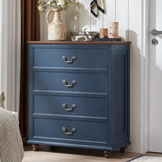 Farmhouse 4 Drawer Dresser for Bedroom, 37" Tall Rustic Chests of Drawers w/ 4 Solid Wood Feet, Mid Century Modern Wooden Closet Storage Dressers Organizer for Living Room, Hallway, Navy Blue-DeskLoop Office