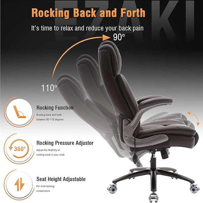 Large High Back Office Chair - Adjustable Lumbar Support Flip Up Arms Heavy Duty Quiet Wheels Metal Base Breathable Bonded Leather Ergonomic Executive Computer Desk Chair with Storage Bags, Brown-DeskLoop Office