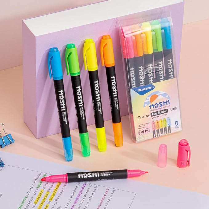 Hoshi 5PCs Premium Fluorescent Dual Tip Highlighters, High Ink Capacity - Image 9