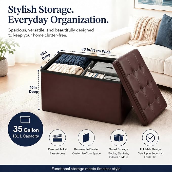 ALASDO 30 Inch Folding Storage Ottoman Bench - Image 5