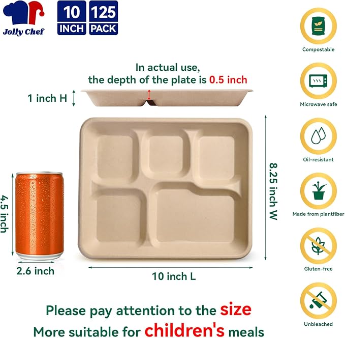 JOLLY CHEF Small Compostable 5 Compartment Paper Plates 10 * 8.25 * 1 inch 125 - Image 2