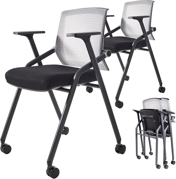 2 Pack Stackable Conference Room Chairs with Paddle Folding Office Chair Foldable Desk Chair Mesh Back and Arms for Conference Meeting Guest Reception Home Office Training Room Chair-DeskLoop Office