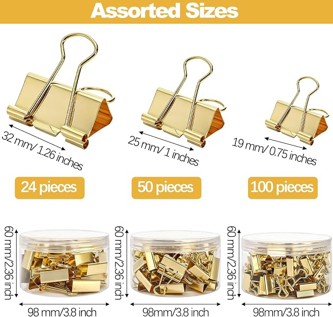 Fasmov 174 Pcs Gold Binder Clips Paper Clamps, Office Clip - Image 2