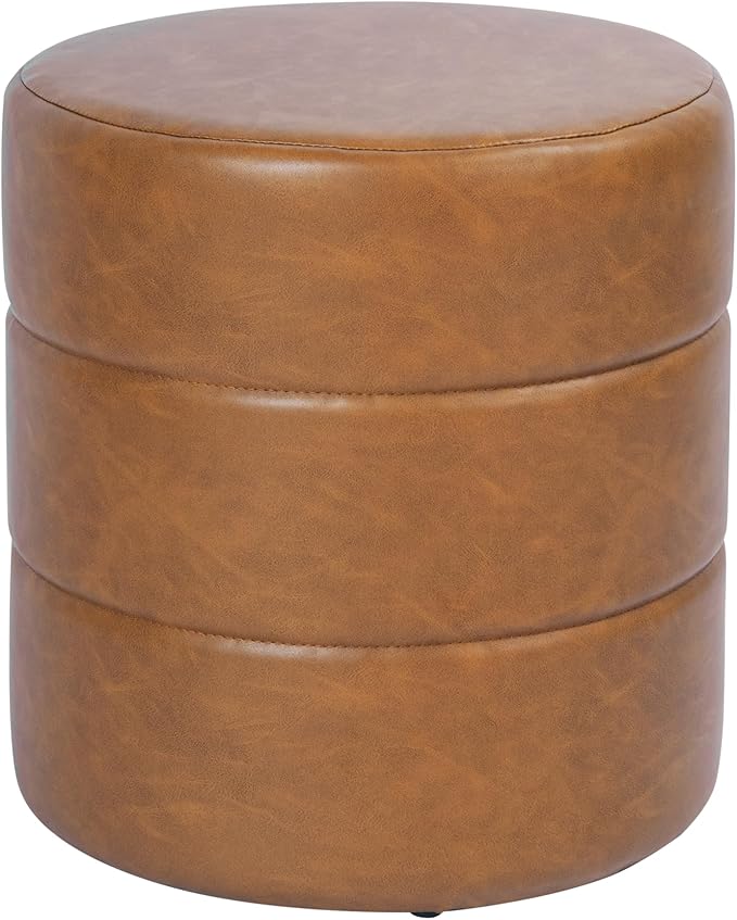 HomePop Upholstered Faux Leather Round Ottoman Home Décor|Foot Rest Ottoman- Carmel Brown-DeskLoop Office