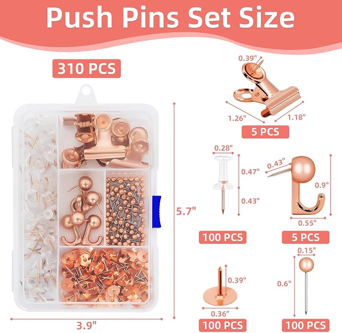 Rose Gold Push Pins Set, 5 Styles Office Pushpins Set in Storage Box - Image 3
