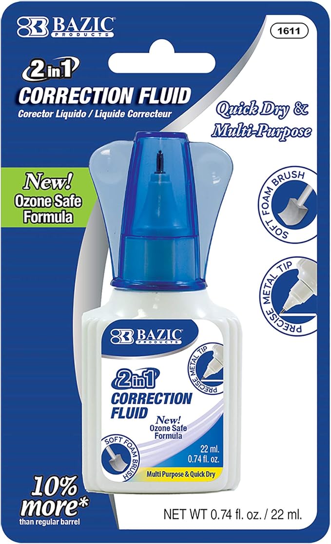 BAZIC Products Correction Liquid 2 in 1, Foam Brush & Precise Metal Tip by BAZICProducts