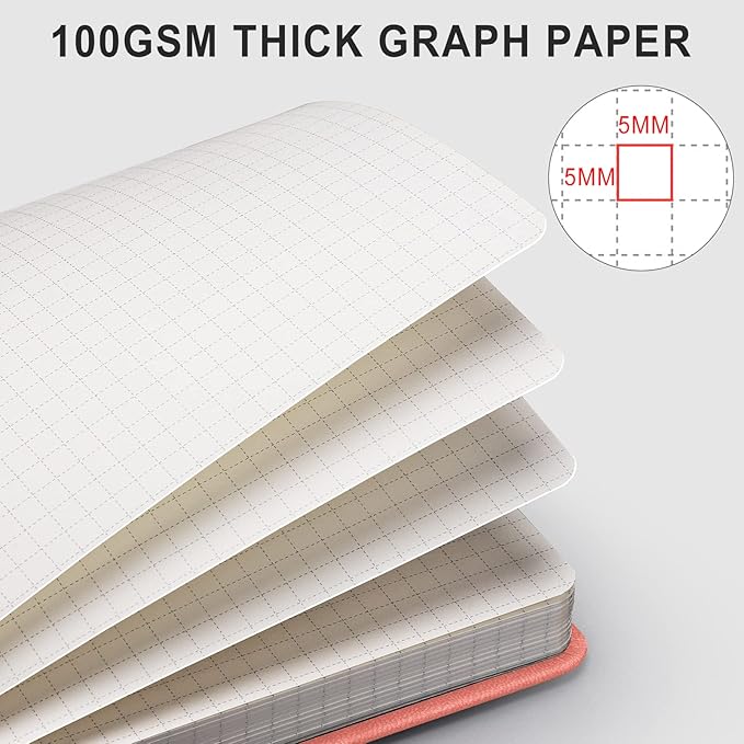 AHGXG Graph Paper Notebook - 320 Pages Grid Notebook Thick Journal A5, 100gsm Thick Graph Paper, Leather Hardcover, Inner Pocket,5.75'' × 8.38''- Pink-DeskLoop Office