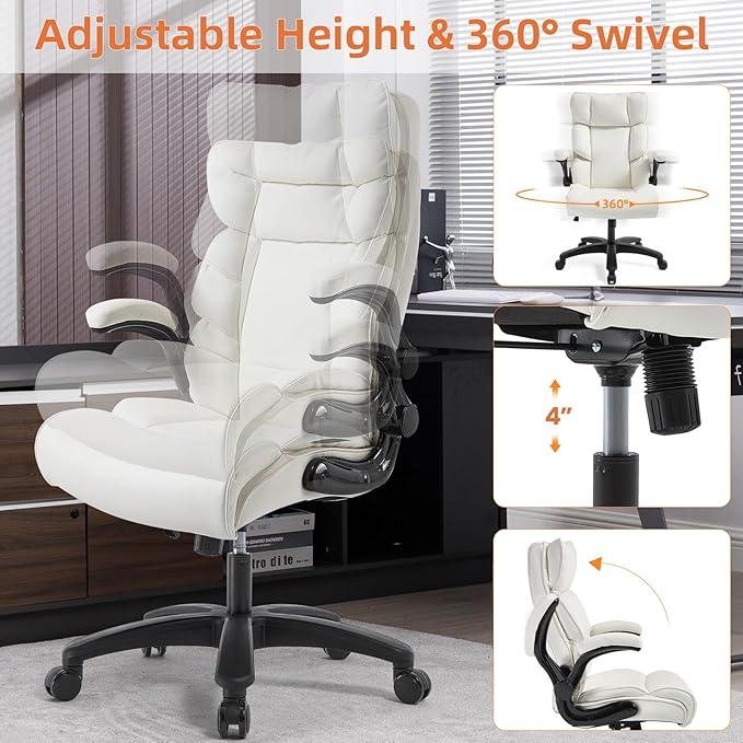 Big and Tall Office Chair 500lbs Wide Seat Executive Office Desk Chair High-Back Office Task Chair with Flip-Up Armrest, Ergonomic Lumbar Support Computer Office Chairs for Heavy People(White)-DeskLoop Office