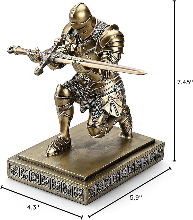 Medieval Armored Warrior Knight Pen Holder Desk Organizers and Accessories Resin Pencil Holder Paperweight as Gift with a Cool Letter Opener for Desk (Bronze)-DeskLoop Office
