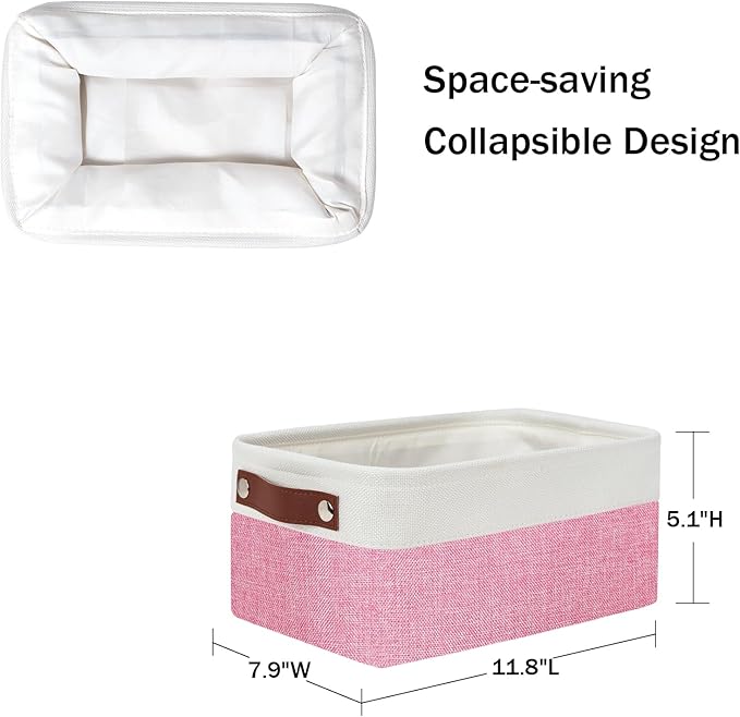 DULLEMELO Small Storage Baskets 6 Pack, Fabric Collapsible Gift Storage Baskets for Shelves, Closets, Nursery, Home, Office Organizing,Small Canvas Linen Rectangular Storage Bins (6-Pack, White&Pink)-DeskLoop Office